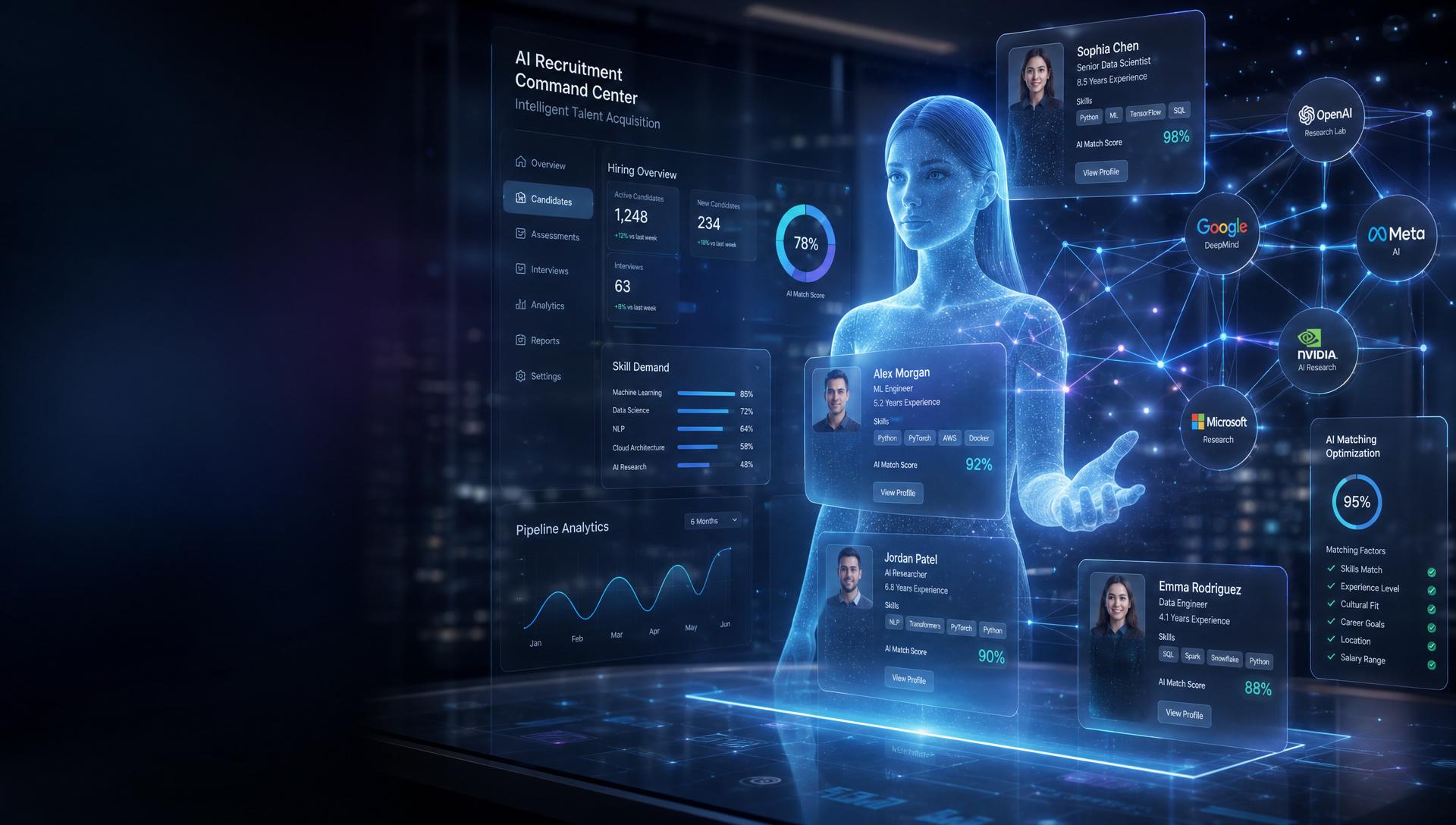 AI recruitment command center with holographic candidate profiles